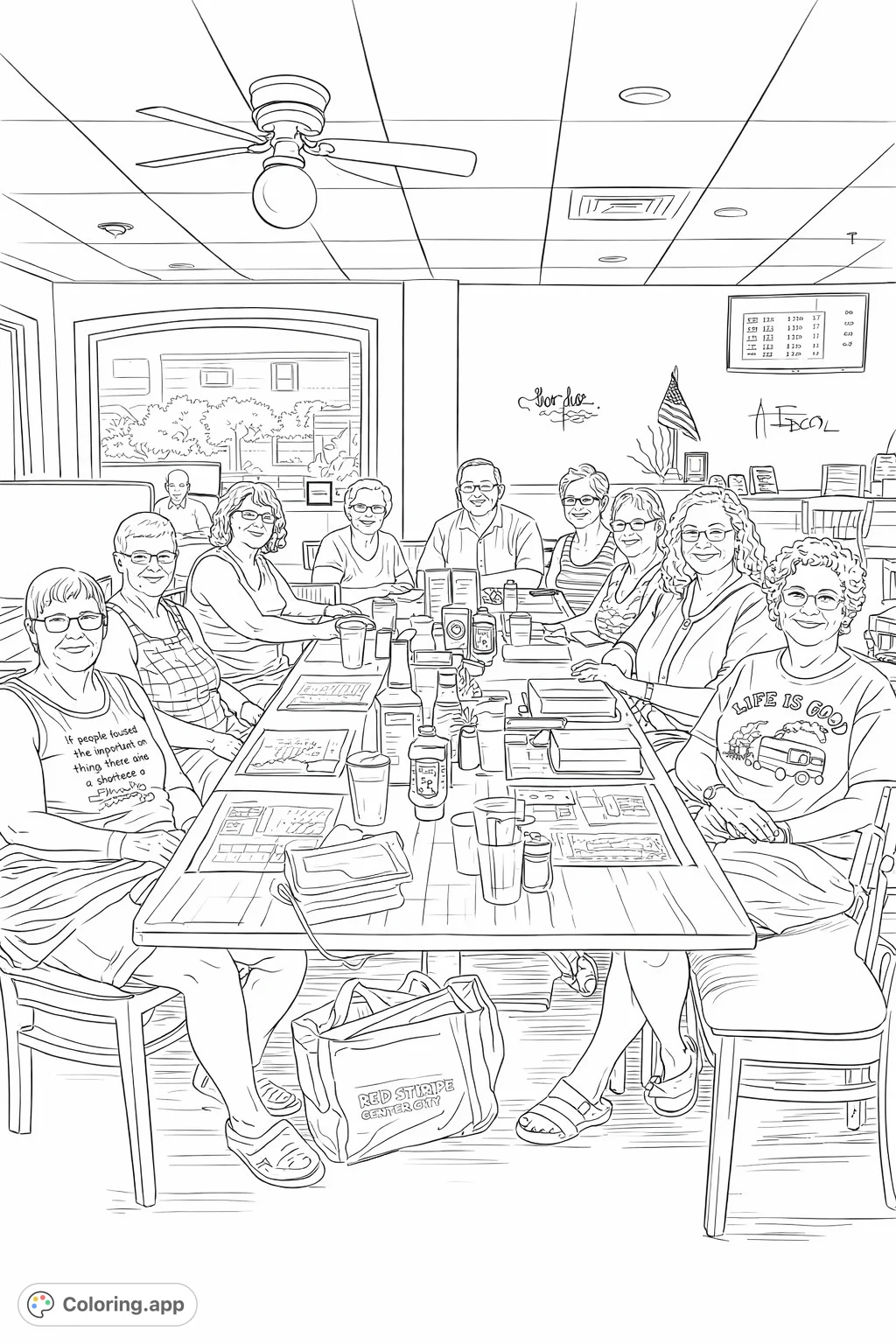 Color a lively scene of friends gathered around a diner table, surrounded by everyday objects and a bustling restaurant atmosphere. Perfect for adults.