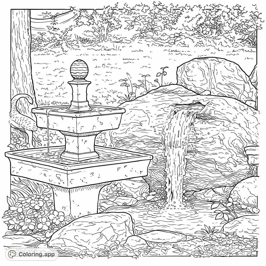 A picturesque garden scene with a tiered stone fountain, a natural rock waterfall, and a graceful bird statue amidst lush foliage, offering a peaceful coloring experience.