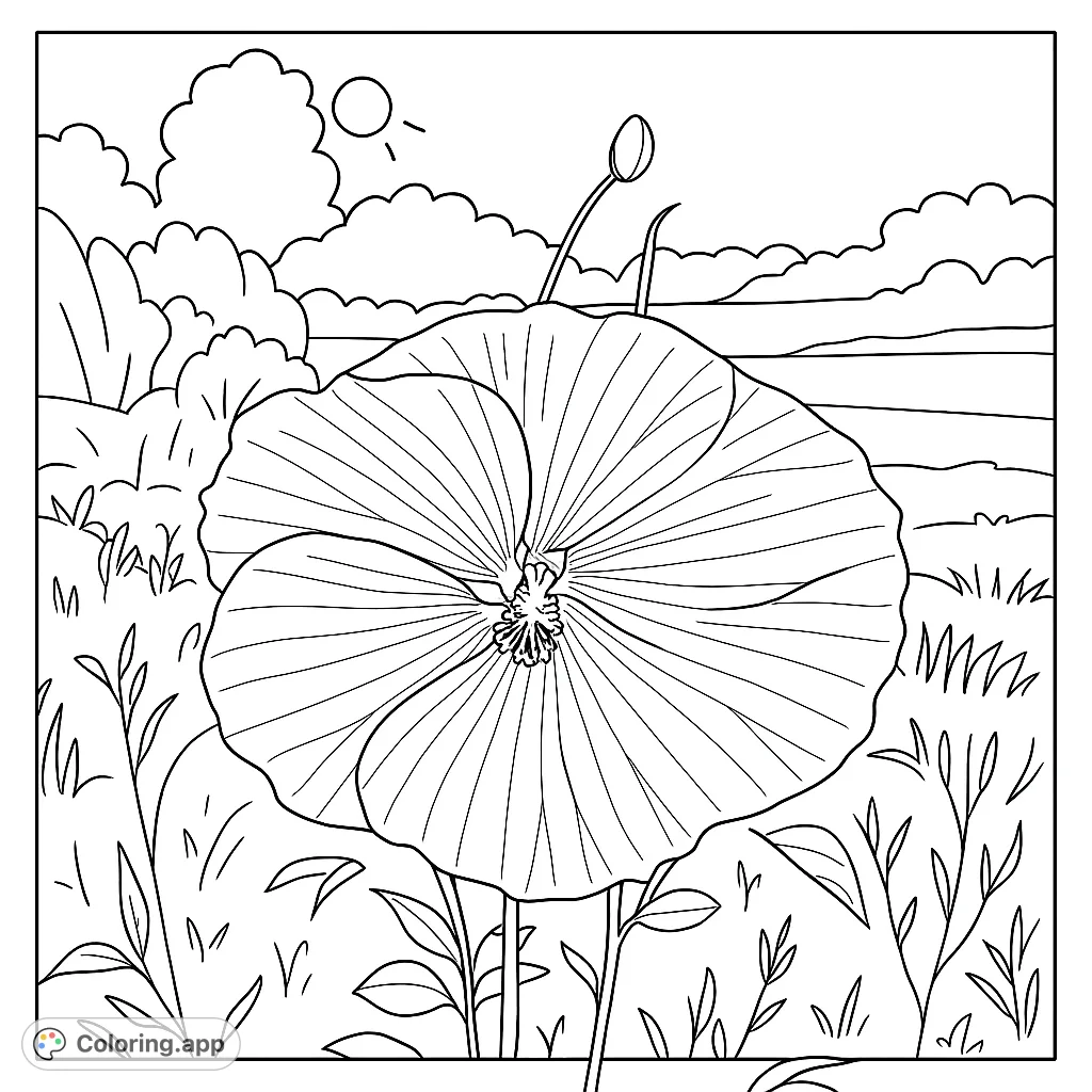 A beautiful poppy flower coloring page featuring a large, detailed bloom in a scenic landscape with hills, water, and clouds. Free printable for all ages.