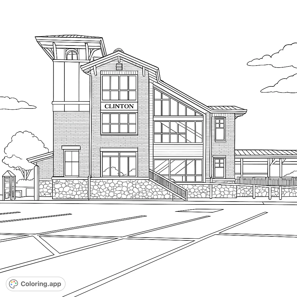 Explore a detailed architectural building coloring page. Features intricate windows, stone foundation, and a spacious parking lot.