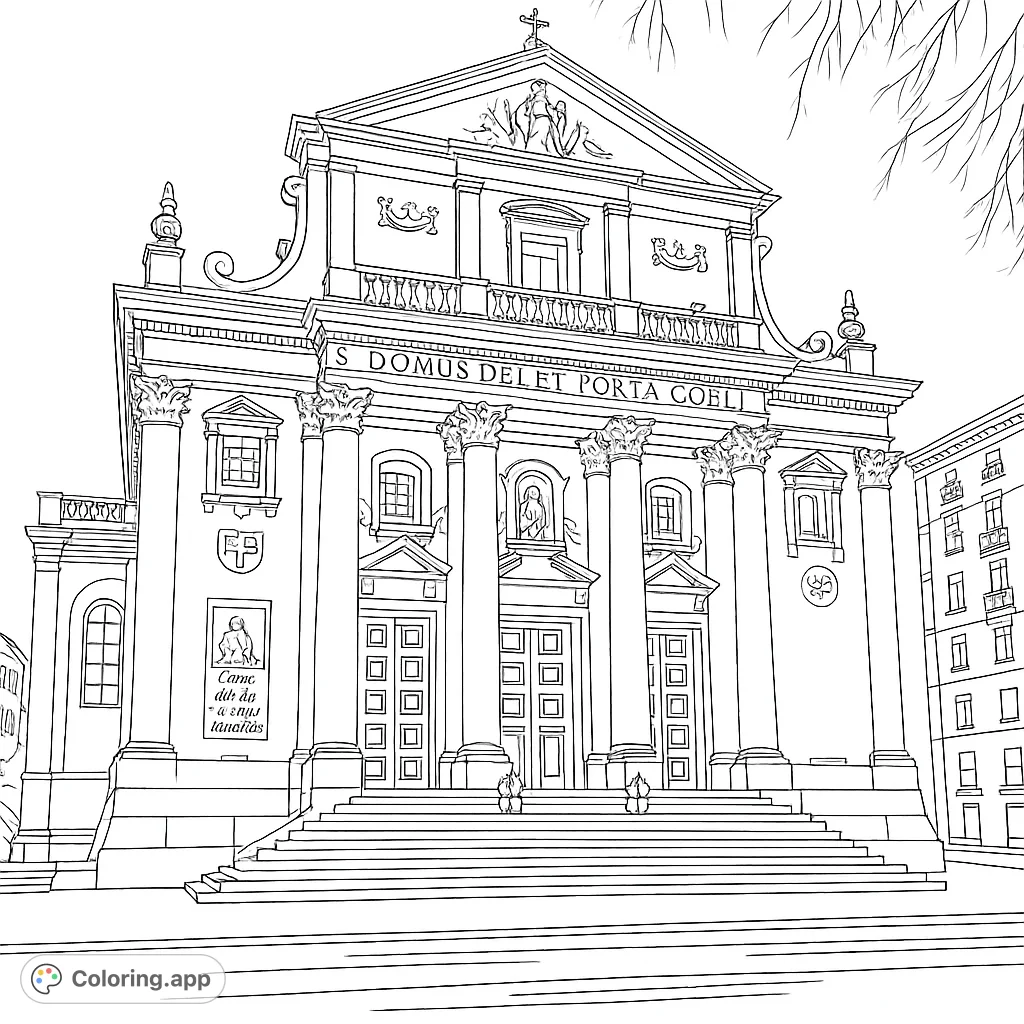 Explore a grand architectural coloring page featuring an ornate Baroque church facade with intricate columns, statues, and a wide staircase. A free printable coloring page for all ages.