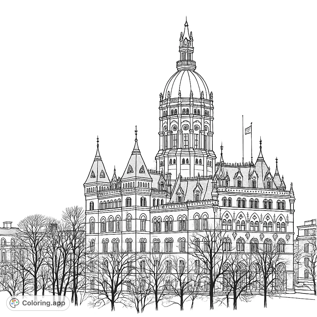Detailed historic building coloring page featuring a grand dome, intricate architecture, and bare trees. A free printable coloring page for all ages.