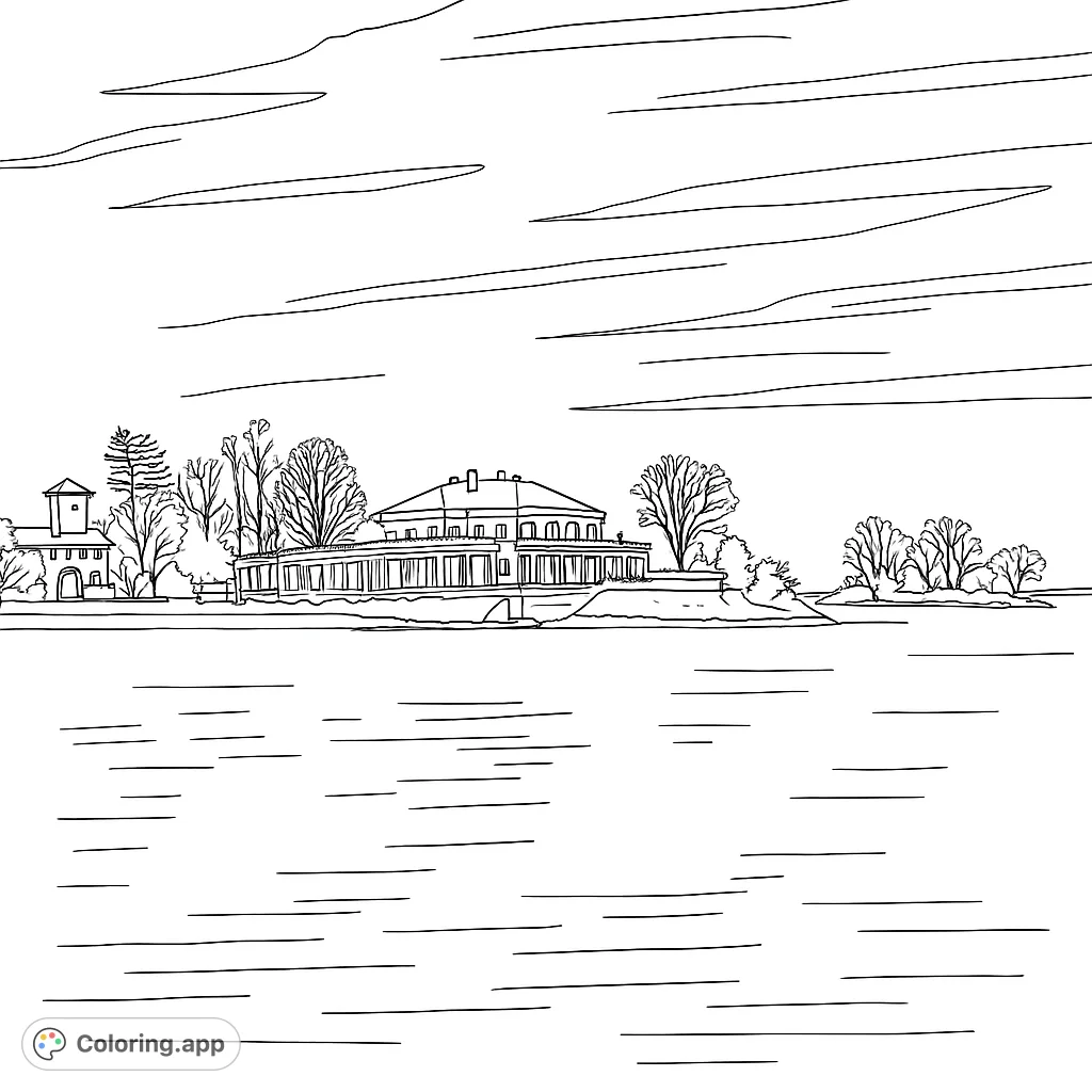 A beautiful architectural landscape coloring page featuring a grand lakeside estate, surrounded by trees and calm waters. Free printable coloring page for all ages.