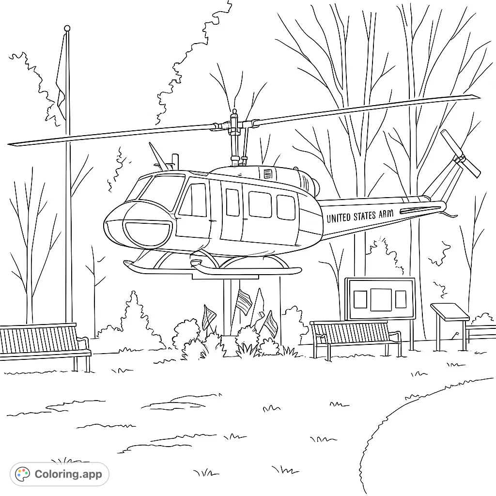A detailed military helicopter coloring page set in a memorial park, featuring benches, flags, and bare trees. A free printable coloring page for all ages.