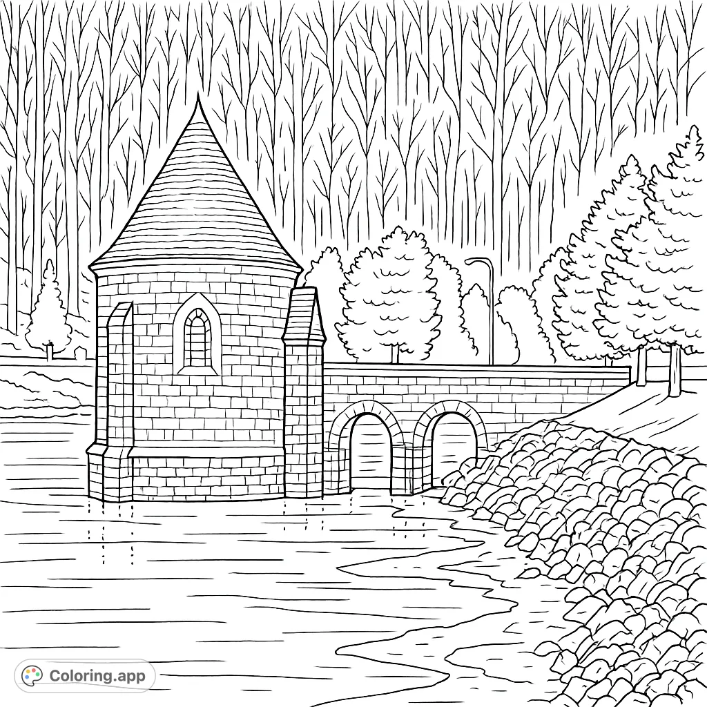 Explore a serene landscape featuring a historic stone tower, arched bridge, and a tranquil lake. A detailed nature and architecture coloring page for all ages.