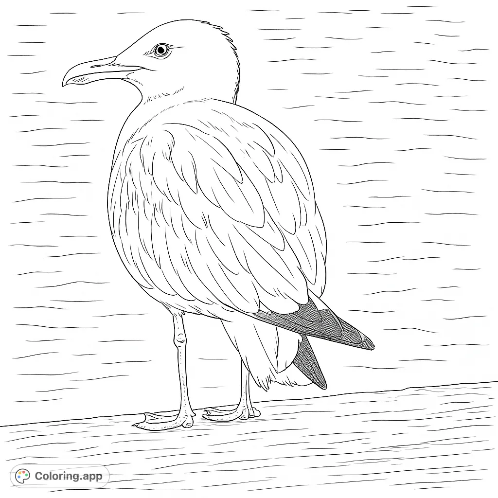 A detailed seagull stands on a wooden dock with wavy water in the background. Perfect for nature lovers and bird enthusiasts to color.