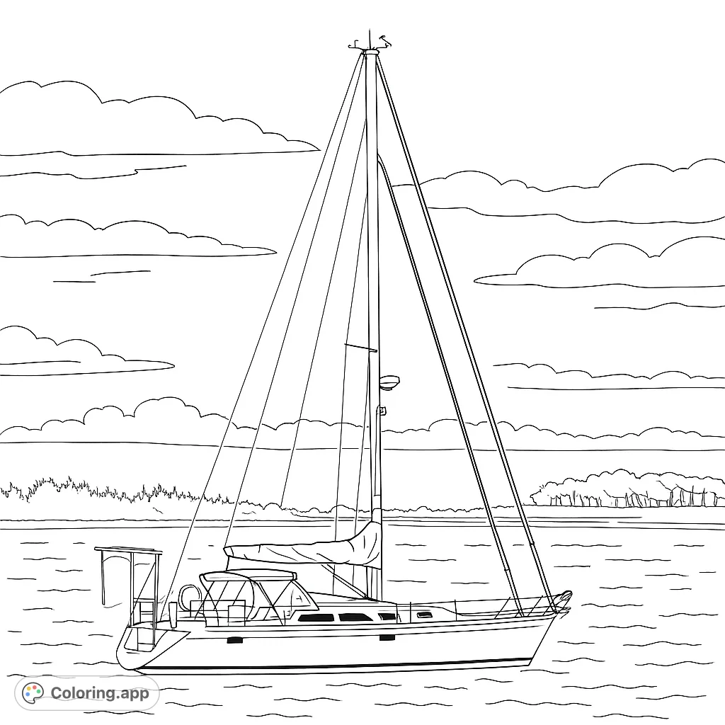 A serene sailboat floats on calm waters, featuring a tall mast and detailed rigging, with a distant tree-lined shore and clouds above. Perfect for a relaxing coloring escape.