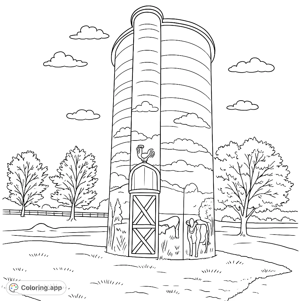 A charming farm silo coloring page featuring a detailed silo with a cow mural, rooster weather vane, trees, and clouds. Perfect for a relaxing rural scene.