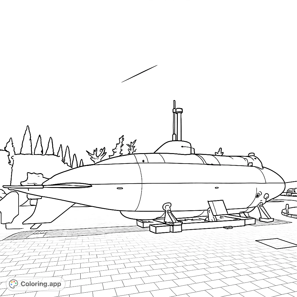 Explore a detailed submarine coloring page, featuring a large vessel on a paved surface with trees. A free printable coloring page for all ages.