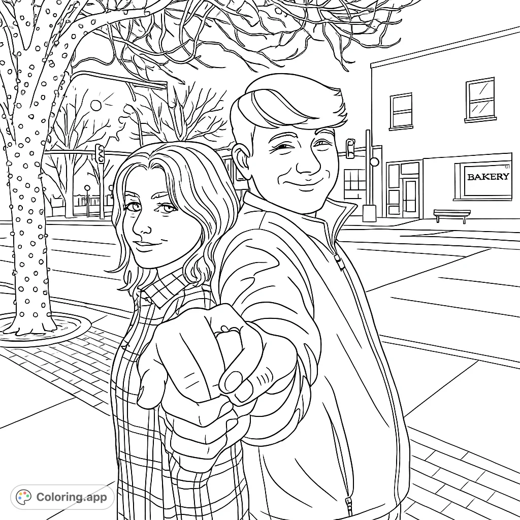 A happy couple stands back to back, holding hands in front of a bakery. This coloring page is great for teens and adults.