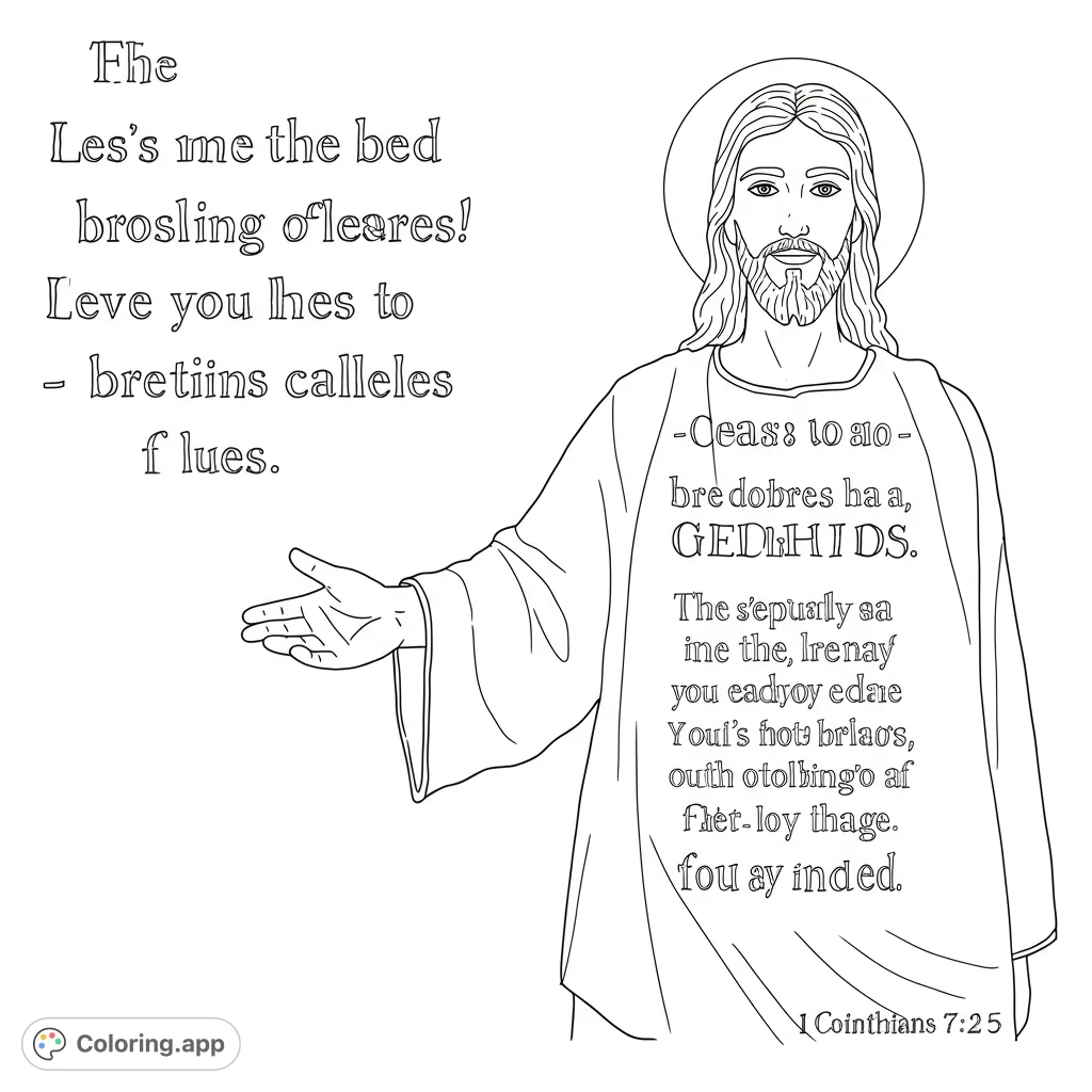 A serene Jesus Christ with a halo and open arms, inviting peace and reflection. A spiritual religious coloring page for all ages.