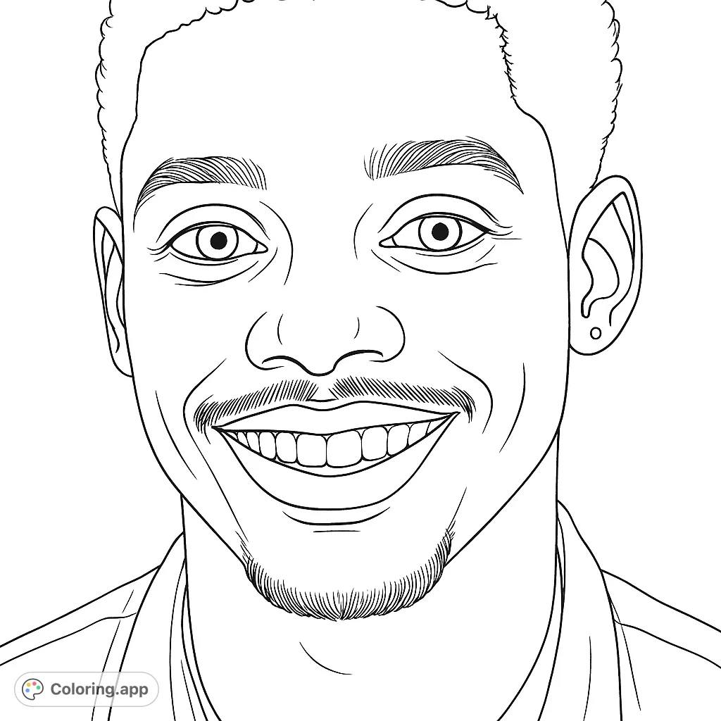 A joyful portrait of a smiling man with a mustache and goatee, perfect for a free printable coloring page. Expressive eyes and a wide smile invite creativity.