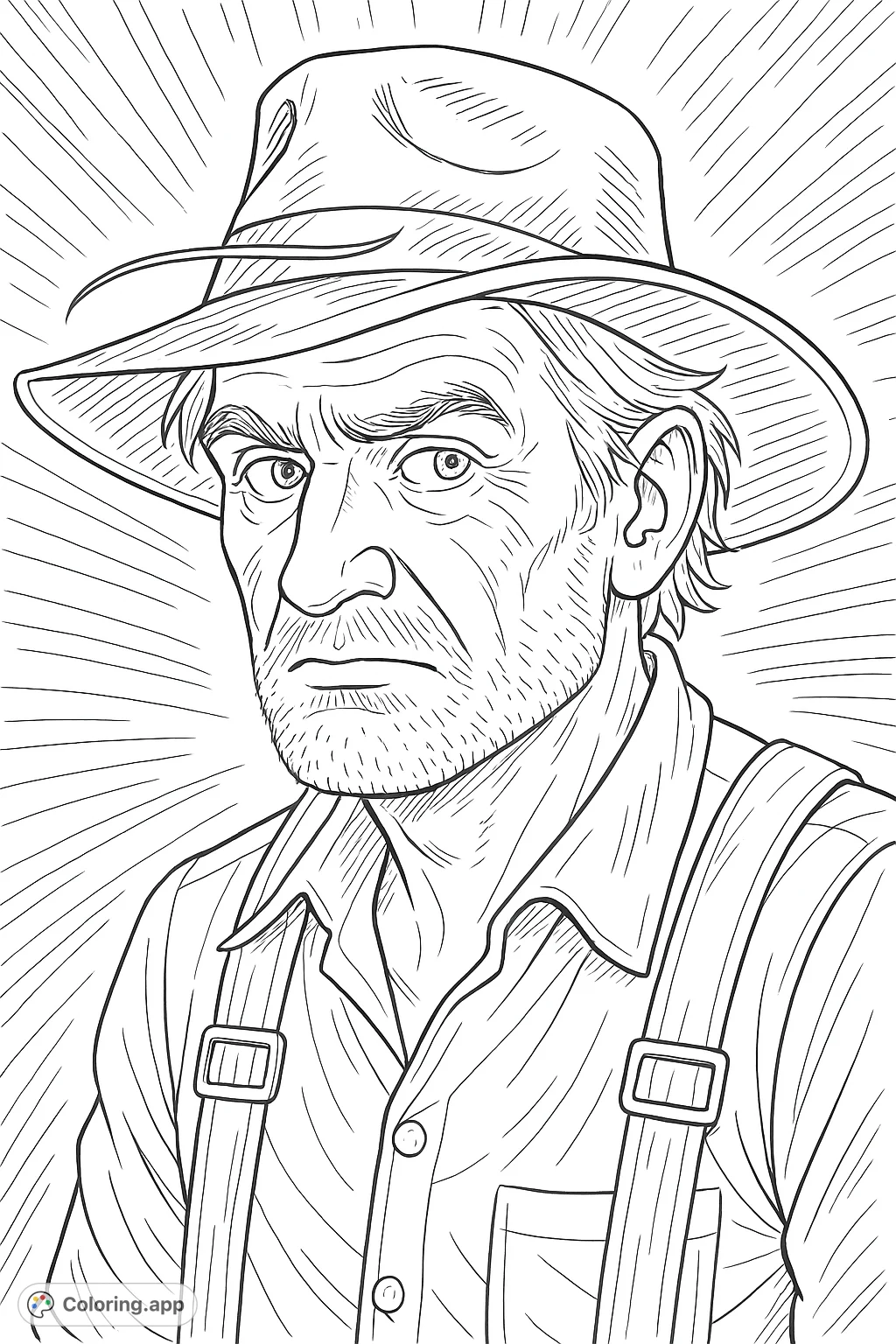 Capture the weathered wisdom of an old farmer in this detailed portrait. A hand-drawn sketch with dynamic lines, perfect for intricate coloring and a meditative escape.