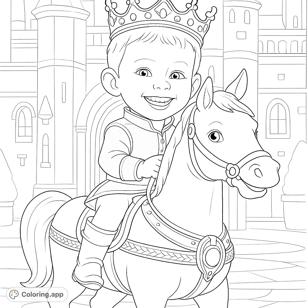 A cheerful young prince in a crown rides a majestic horse before a grand castle. Perfect for a royal adventure coloring page.