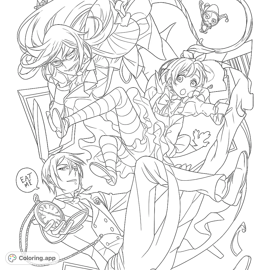 Dynamic anime-style characters tumble through a surreal Wonderland, surrounded by whimsical objects. A free printable fantasy adventure coloring page.