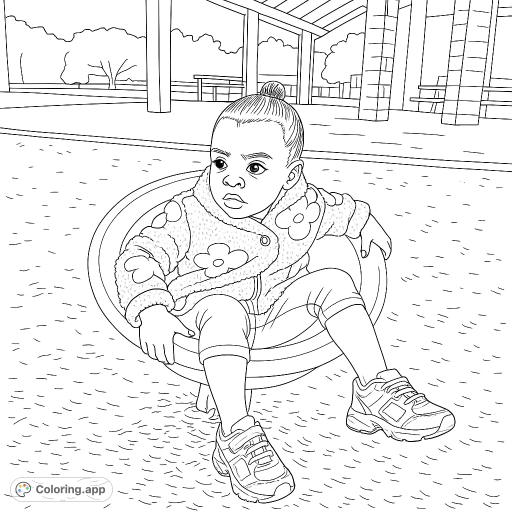 A sweet child in a textured jacket with flower patterns sits on a playground spinner, ready for a burst of color. Perfect for kids and adults!