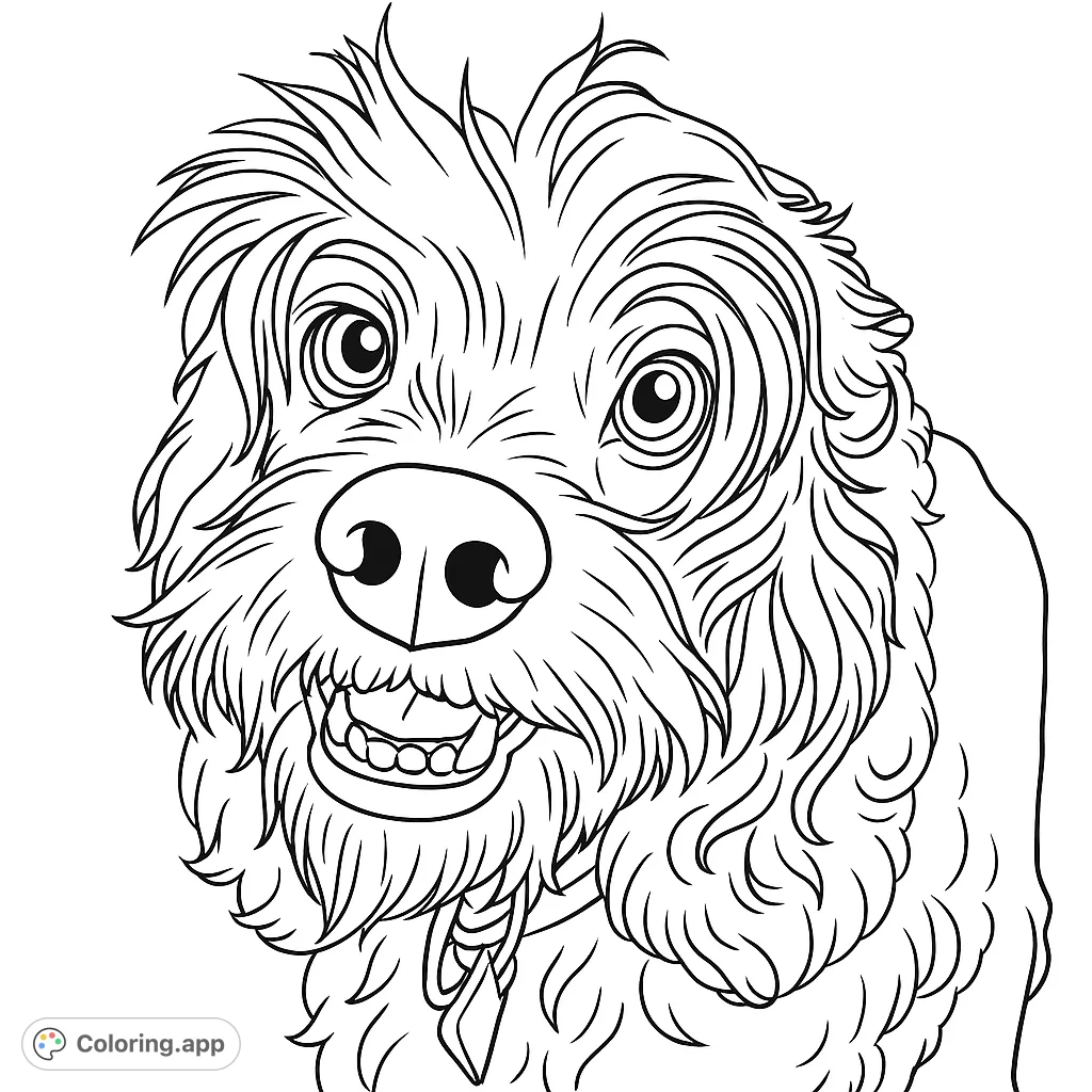 A delightful shaggy dog coloring page, perfect for pet lovers! Features a happy dog with expressive eyes and fluffy fur, ready for vibrant colors.