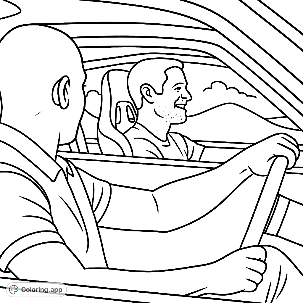 Two friends enjoy a scenic car ride, one driving, the other smiling. A perfect road trip coloring page for all ages.