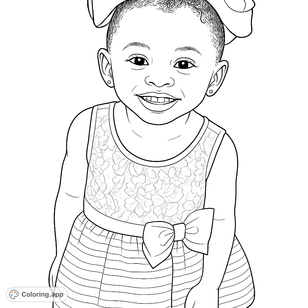 An adorable baby girl with a big smile and a charming bow, perfect for a joyful and heartwarming coloring experience. Free printable baby girl coloring page.
