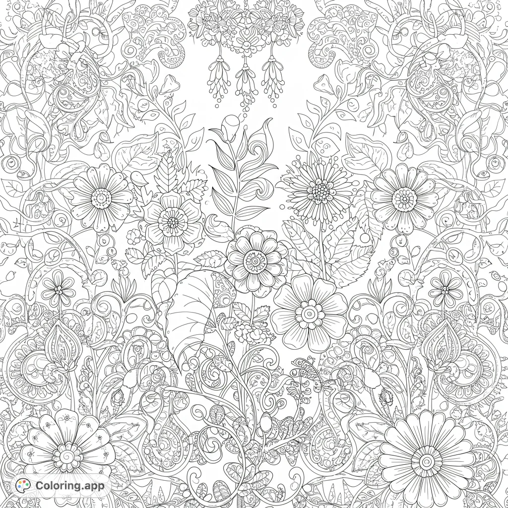 Explore an intricate botanical garden coloring page, filled with detailed flowers, leaves, and swirling patterns for a relaxing creative escape.