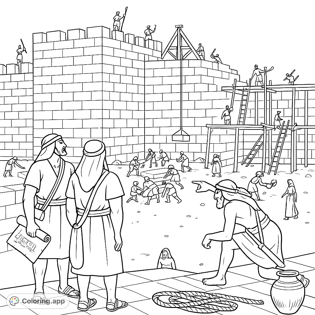 Detailed ancient construction scene with workers building a massive stone wall, featuring overseers, scaffolding, and a lifting crane. A free printable historical coloring page.