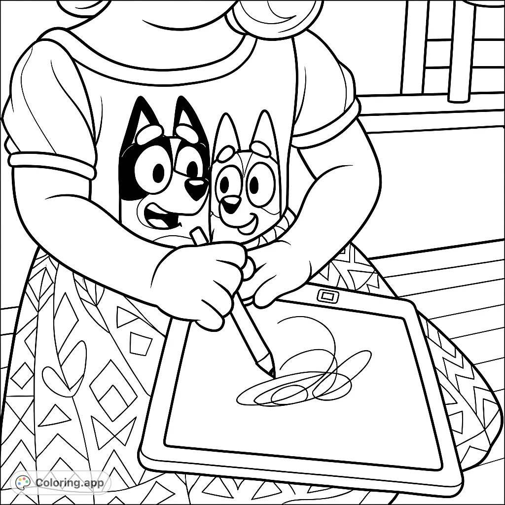 A delightful cartoon character coloring page featuring a child drawing on a tablet, with beloved cartoon dogs on their dress. Perfect for kids to explore creativity and geometric patterns.