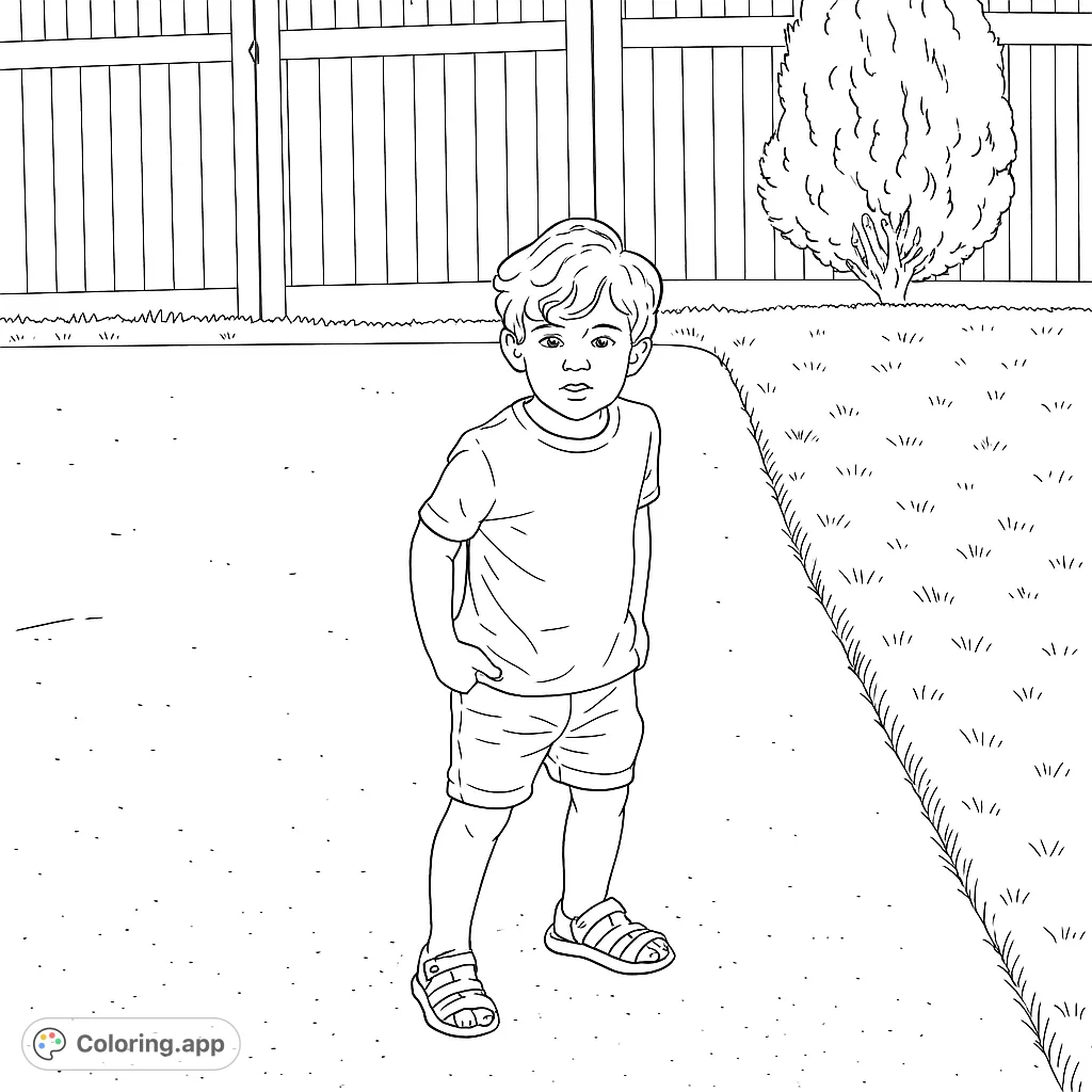 A charming young boy stands in a backyard scene, ready for a colorful adventure. This free printable boy coloring page is perfect for kids and adults.