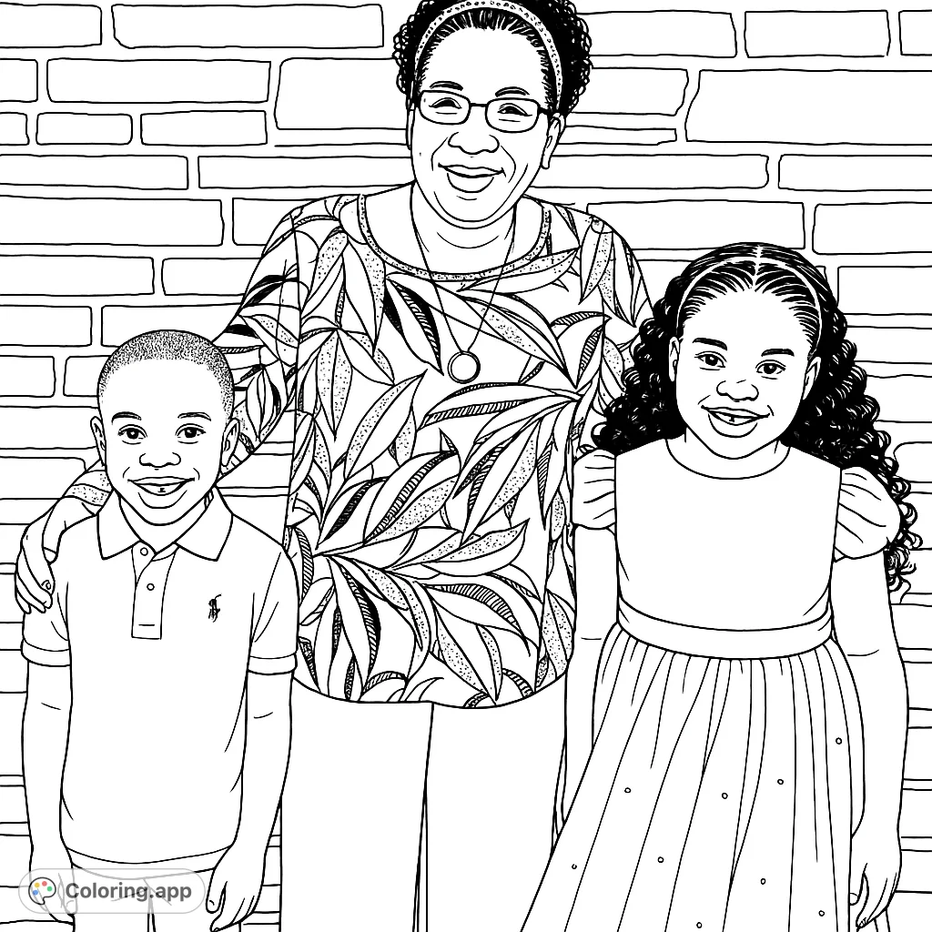 A heartwarming coloring page featuring a grandmother with her grandchildren. A beautiful family portrait to color and enjoy.