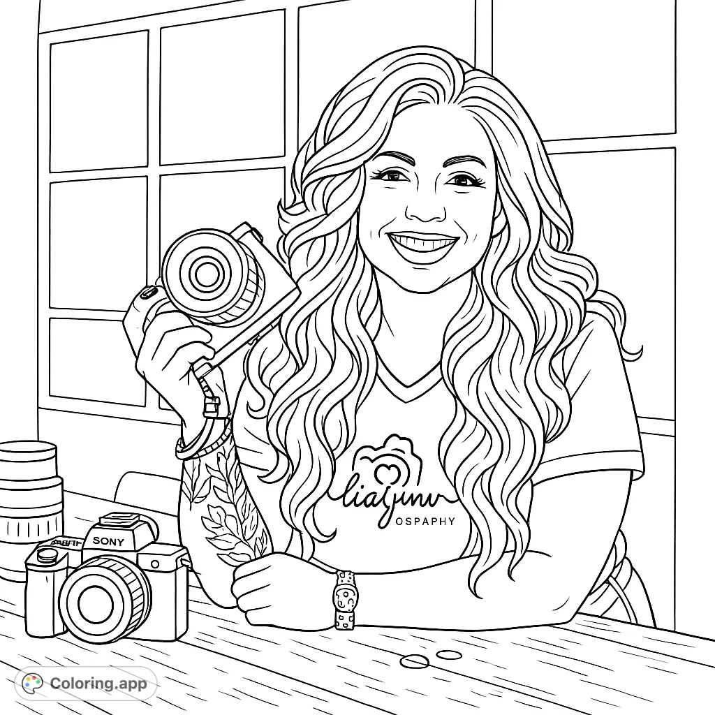 A joyful photographer with long wavy hair, holding a camera, surrounded by lenses and gear on a wooden table, ready for creative coloring.