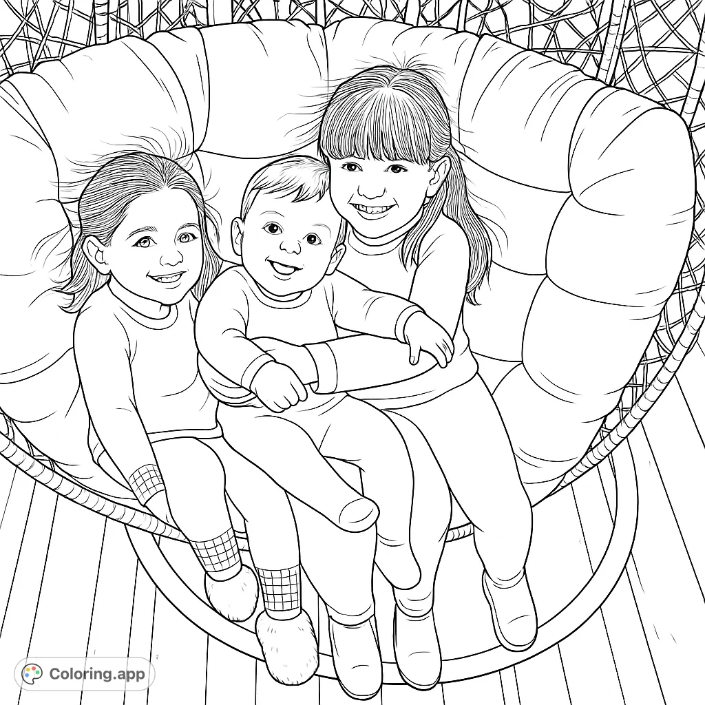 An adorable trio of smiling children, two girls and a baby boy, cozy in a large hanging chair. A heartwarming family coloring page.