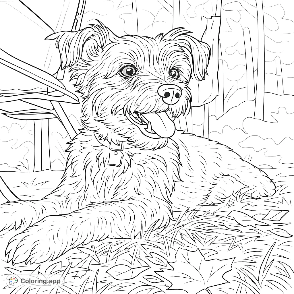 A charming shaggy dog lies happily in a grassy outdoor setting with leaves and trees. A delightful free printable dog coloring page for all ages.