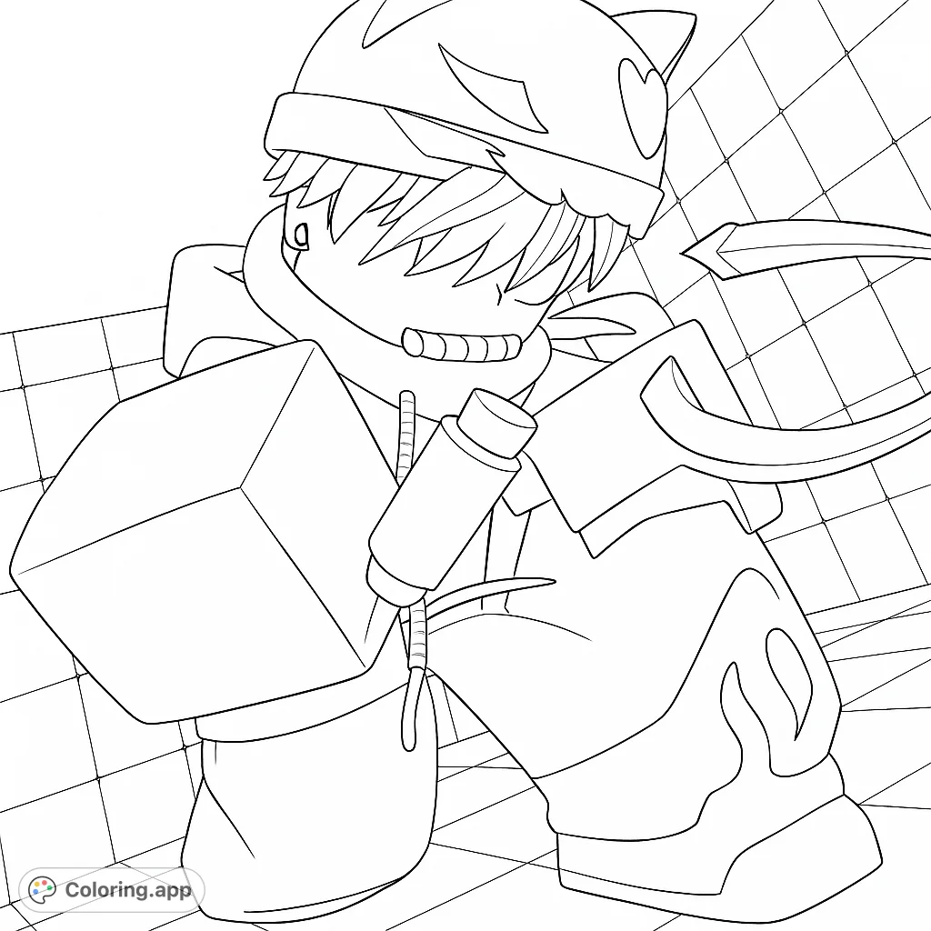Dynamic blocky character with a unique hat and weapon, ready for action in a grid world. A fun, free printable gaming character coloring page.