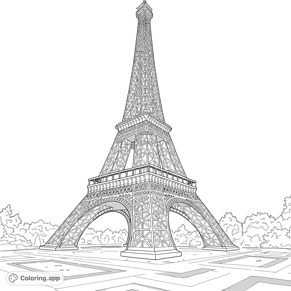 An intricate Eiffel Tower coloring page, featuring its iconic lattice structure and surrounding park details. A free printable for all ages.