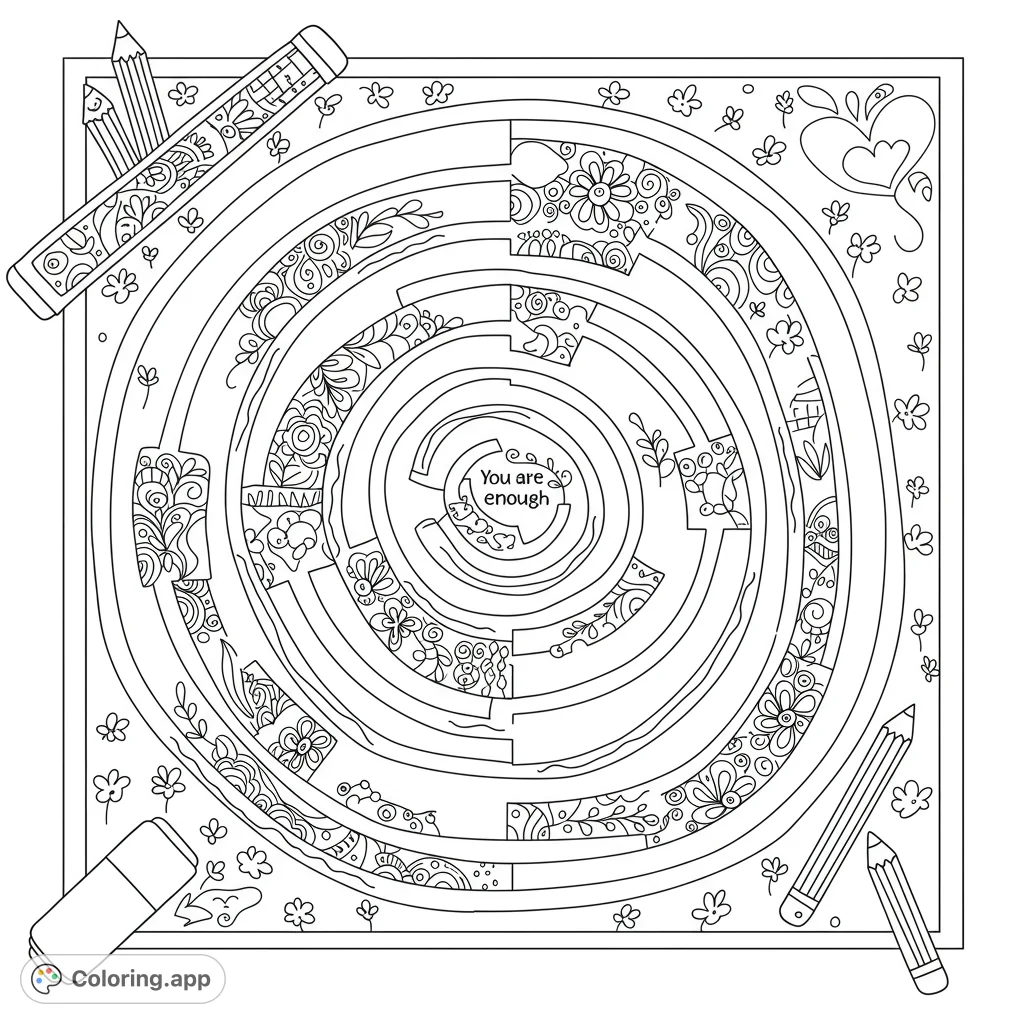 An intricate mindful maze coloring page with beautiful floral patterns and a central 'You are enough' affirmation, perfect for relaxation.
