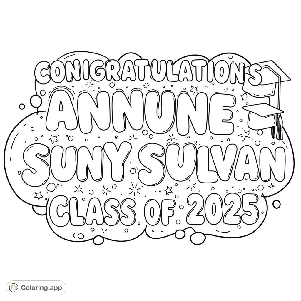 Celebrate success with this festive graduation coloring page! Features multiple graduation caps, sparkling stars, and dynamic bubbles for a joyful coloring experience.