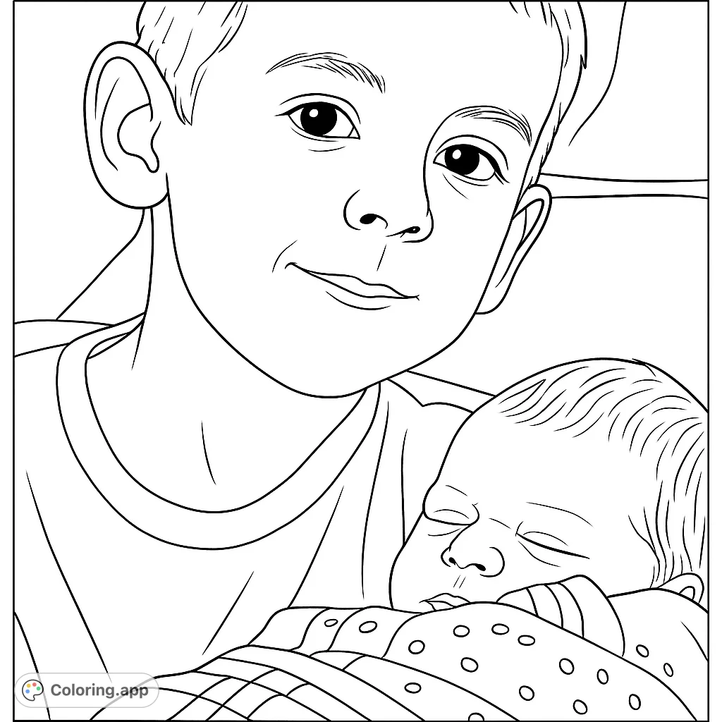 A heartwarming free printable family bonding coloring page featuring a big brother gently holding his sleeping newborn sibling. Perfect for kids and adults.