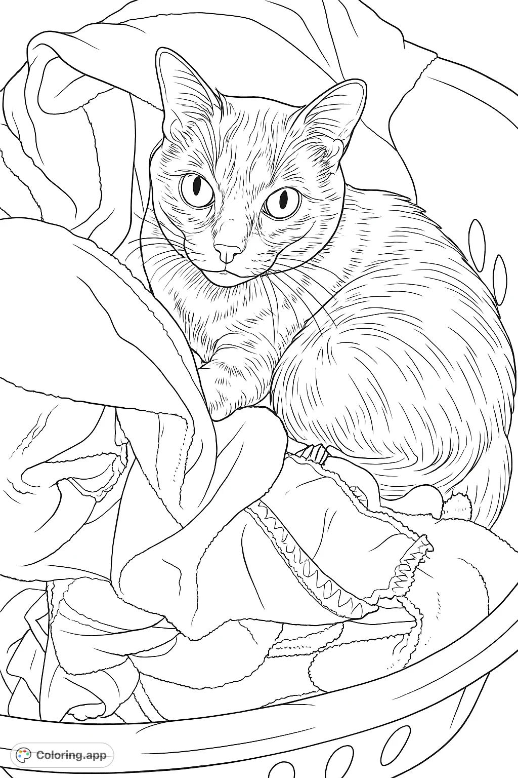 A charming cat rests comfortably amidst soft, folded towels in a laundry basket, offering a delightful coloring experience.
