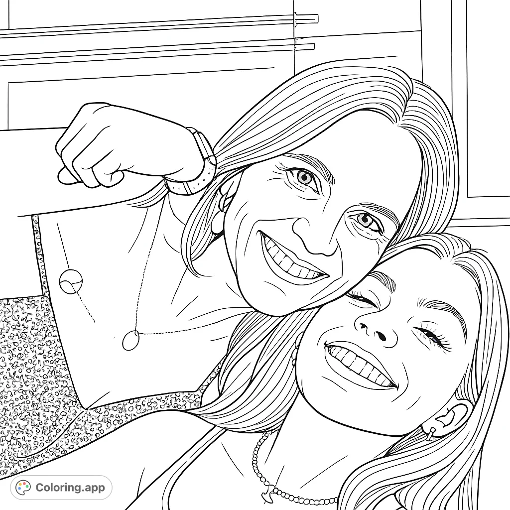 A heartwarming free printable coloring page featuring two smiling women in a joyful embrace, perfect for expressing love and connection. Ideal for all ages.