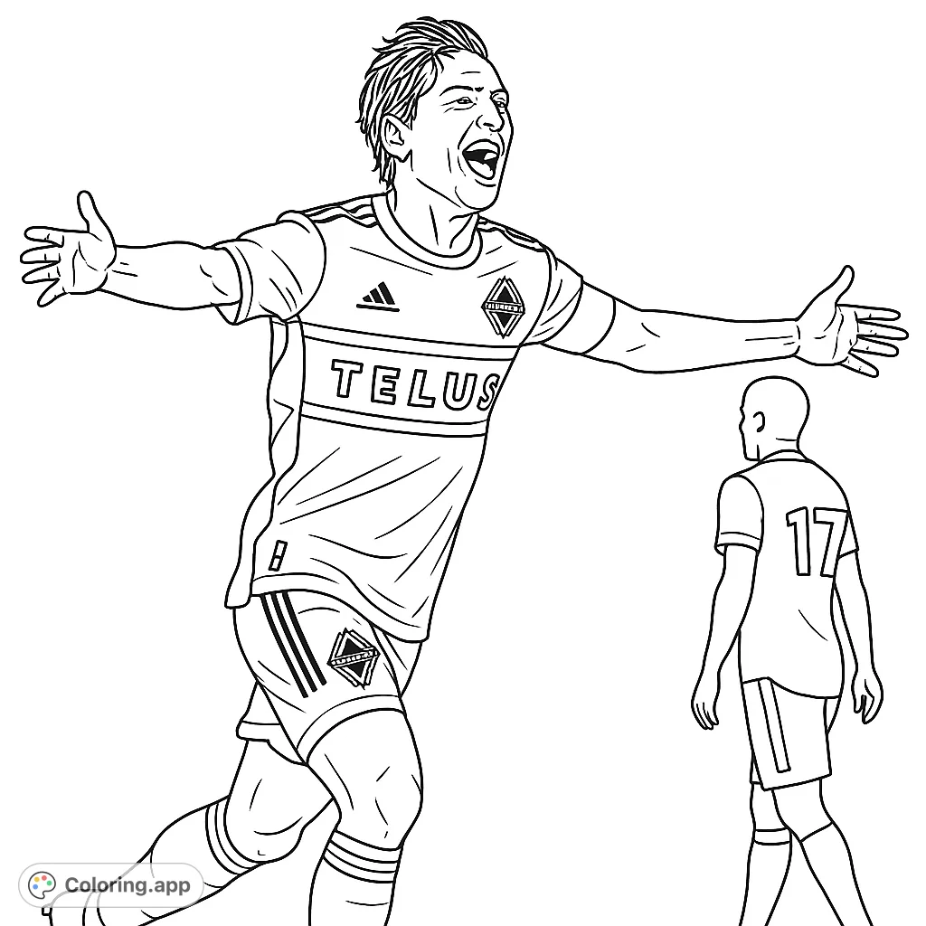 Celebrate victory with this dynamic soccer player coloring page! A joyful athlete with arms outstretched, perfect for sports fans of all ages.