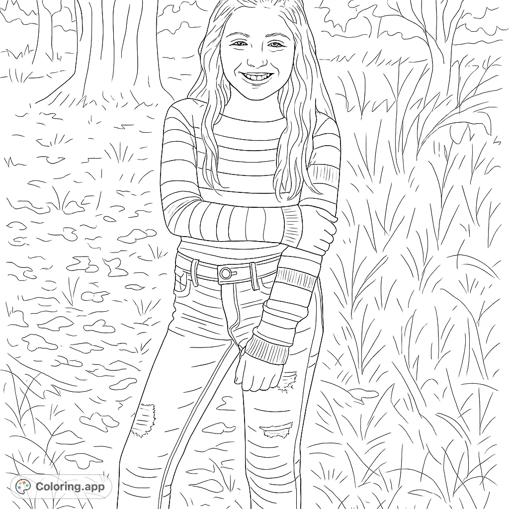 A cheerful girl in a striped shirt and ripped jeans stands in a natural setting, ready for vibrant colors. A delightful free printable coloring page.