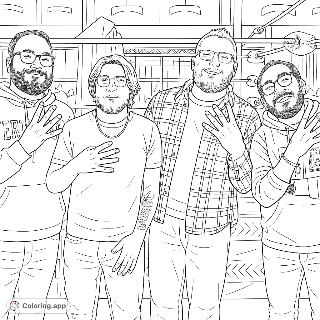 Four friends pose in a wrestling ring, ready for action. A fun, free printable wrestling coloring page for fans of all ages.