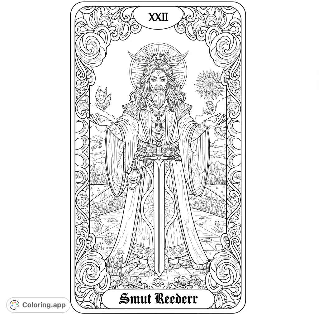 Color a regal mystic figure with flowing robes, a majestic sword, and an ornate frame, set in a serene landscape. Perfect for fantasy art lovers!
