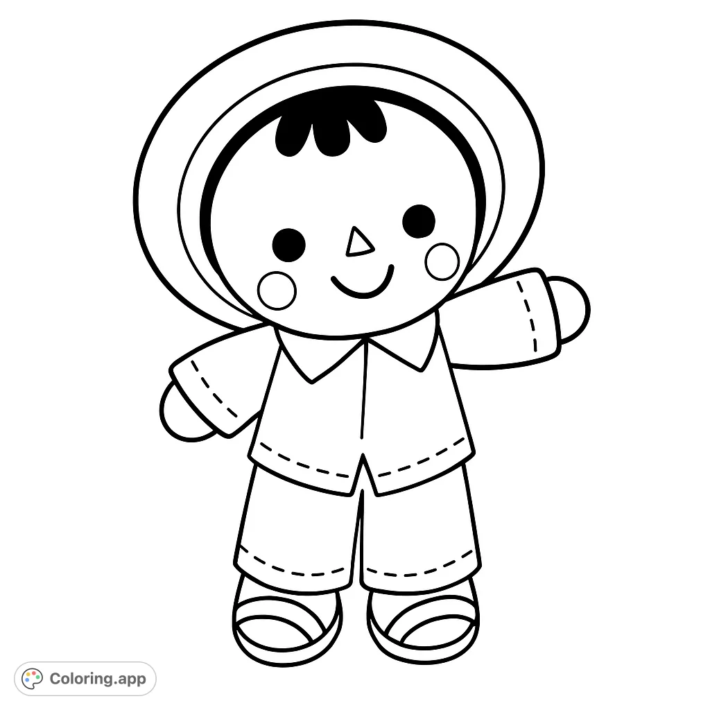 A charming, simple boy character wearing a sun hat and shorts, smiling sweetly. This free printable coloring page is perfect for young colorists.