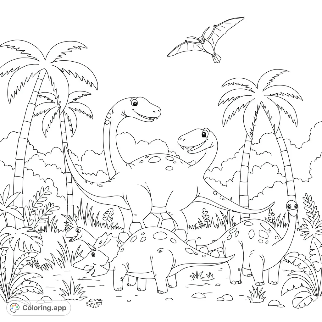 Explore a lively prehistoric jungle with friendly dinosaurs, including long-necks, a Triceratops, and a flying Pterodactyl, amidst lush palm trees.