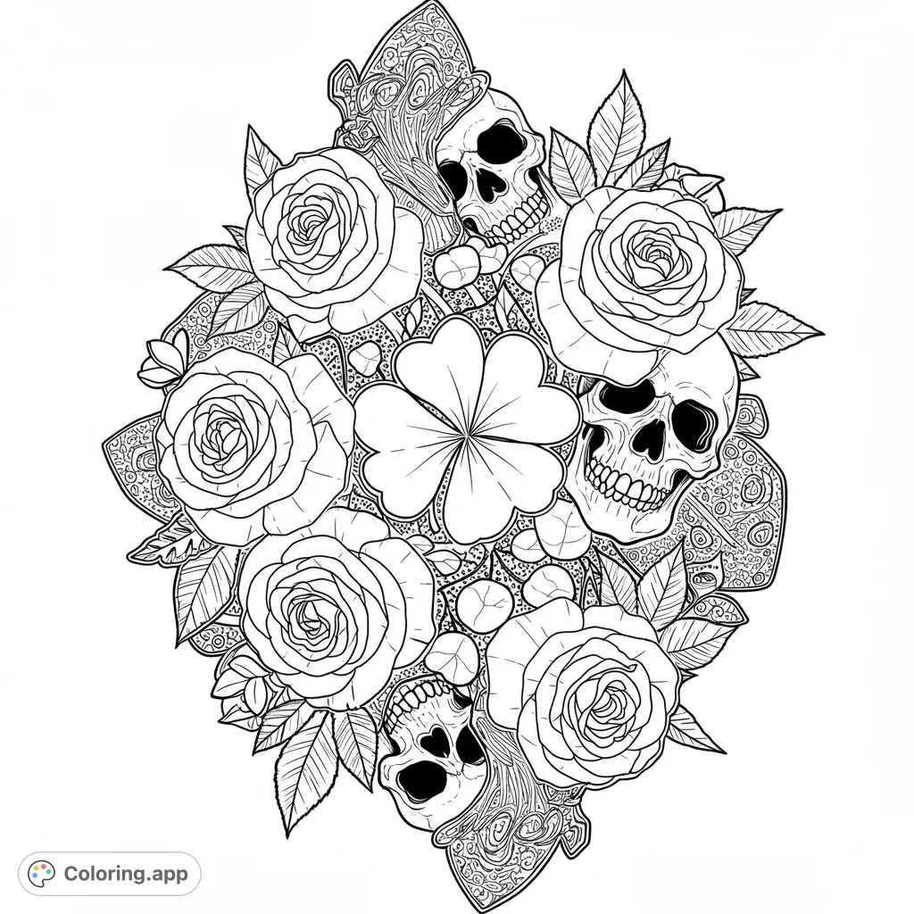An intricate gothic floral coloring page featuring detailed skulls, blooming roses, and a lucky four-leaf clover, perfect for creative expression.