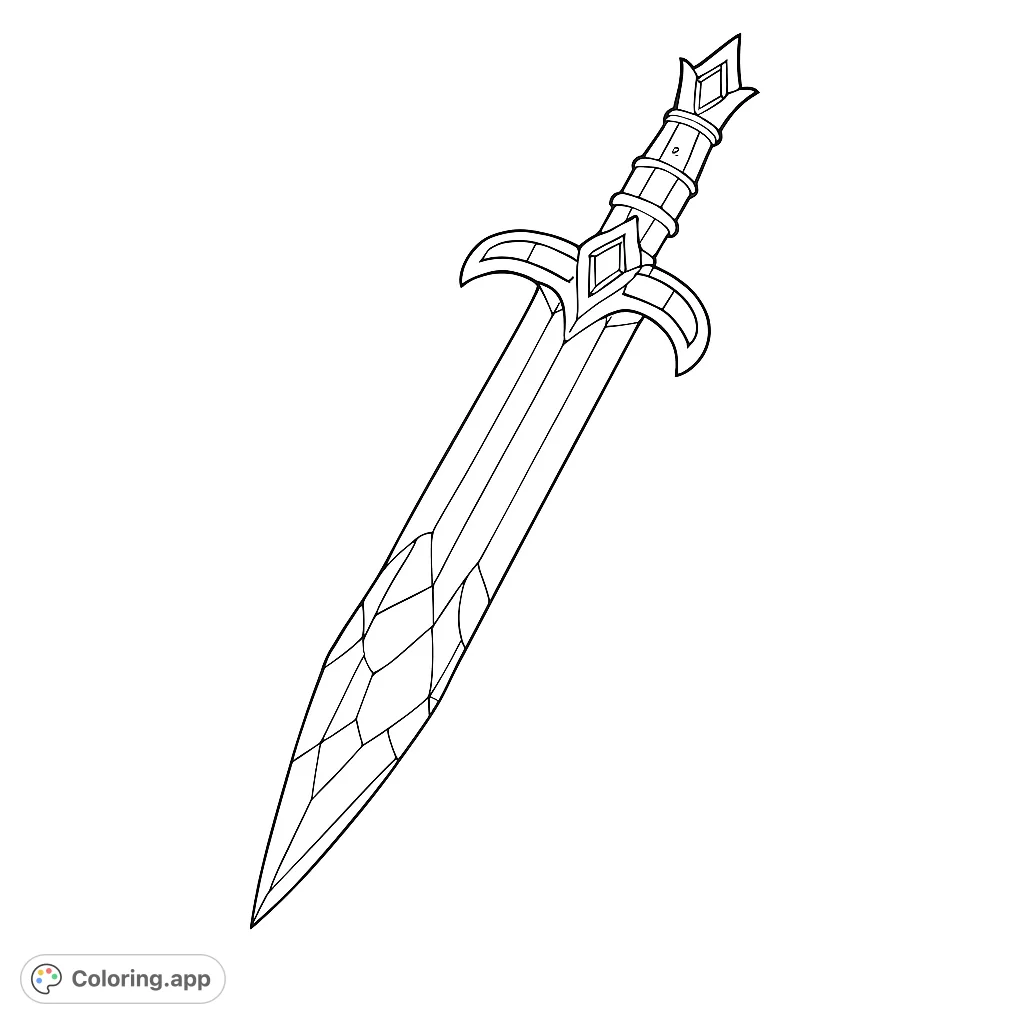 An elegant fantasy sword with an ornate hilt and a blade featuring intricate geometric patterns, perfect for a magical adventure coloring page.