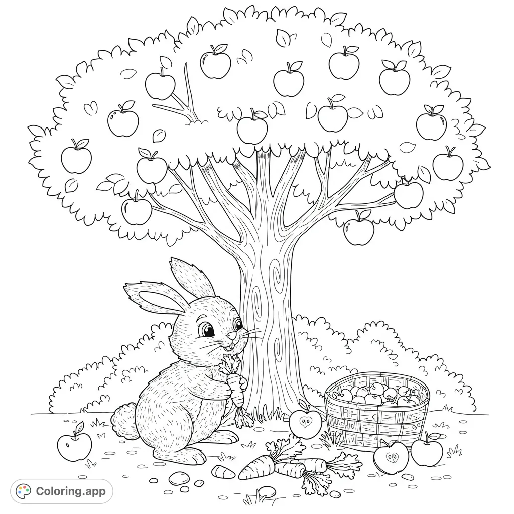 A charming bunny enjoys a carrot under a bountiful apple tree, surrounded by fallen apples and a full basket. A delightful nature scene.