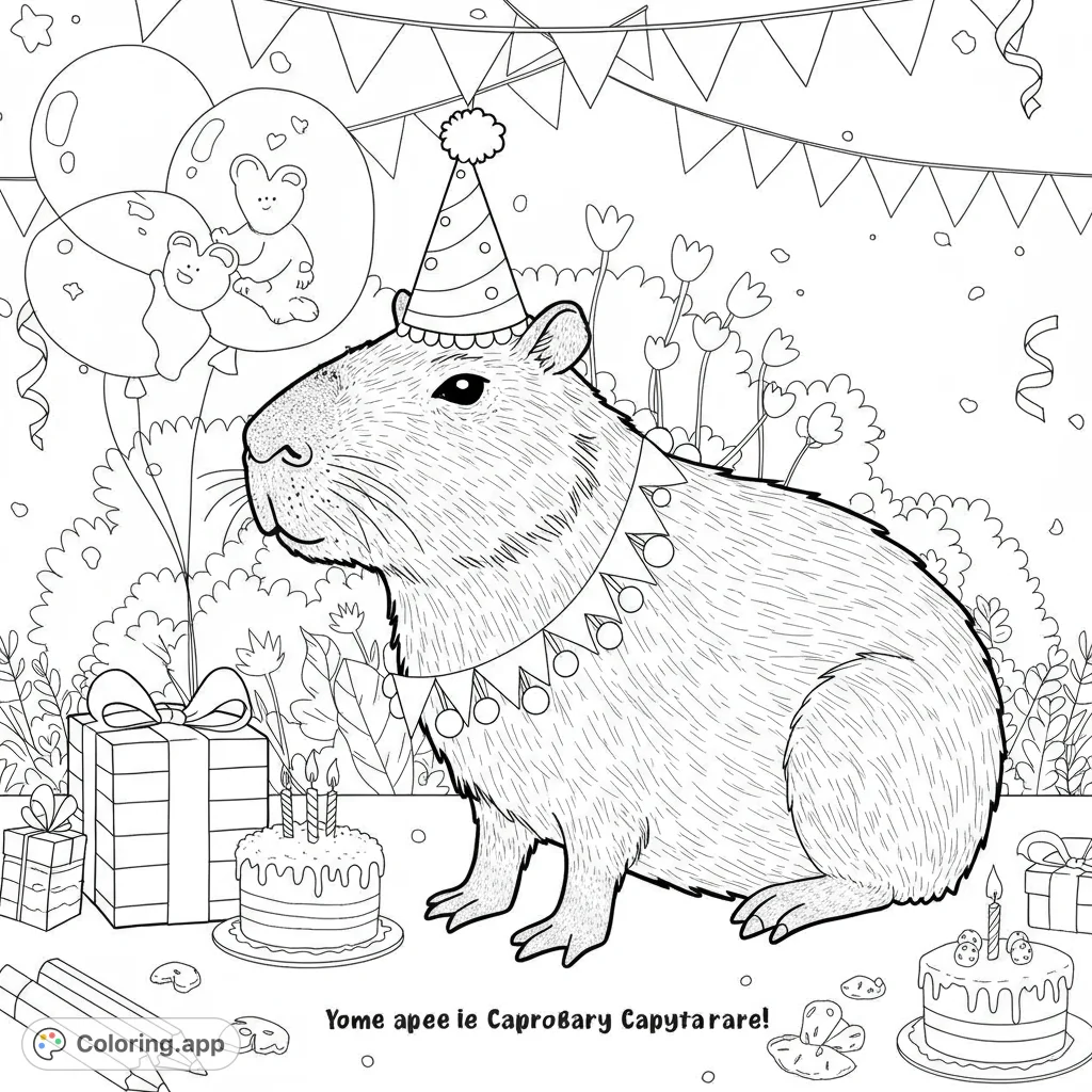 A charming capybara in a party hat, surrounded by gifts, cakes, and balloons, ready for a festive coloring adventure. Perfect for all ages!