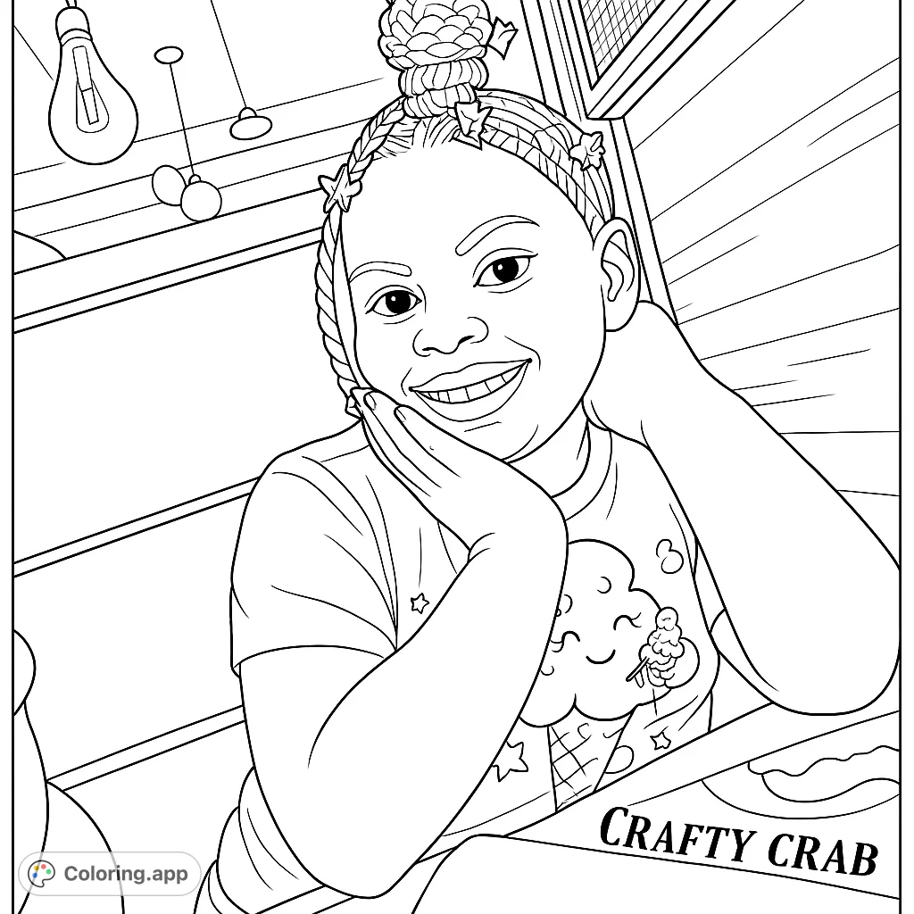 A joyful girl with braided hair and an ice cream shirt, smiling brightly. A delightful free printable coloring page for kids and adults.