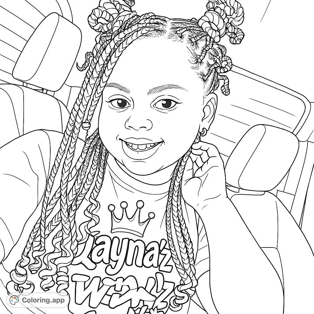 A cheerful young girl with intricate braided hair and buns smiles from a car seat, wearing a shirt with a crown design, ready for a fun coloring adventure.
